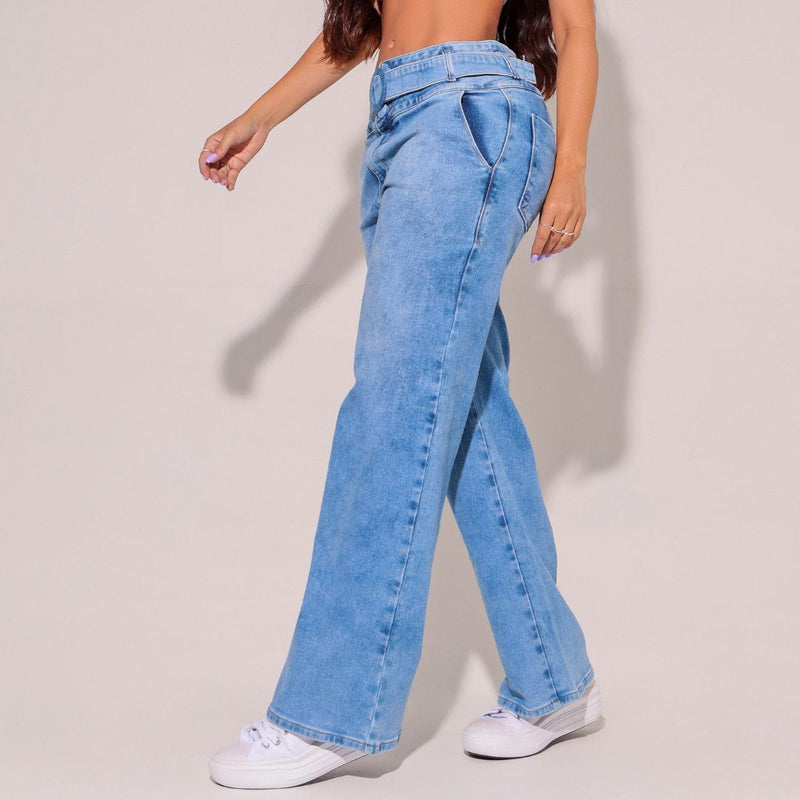 Calça Jeans Modeladora Wide Leg Com Elastano e Cinto - BE3092C